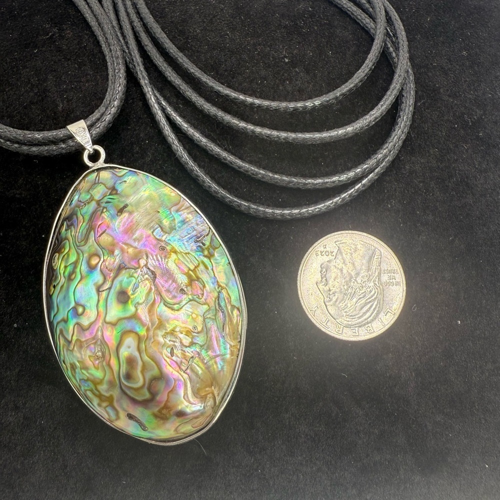 Large Rainbow Abalone Shell Pendant Necklace 18KGP Statement Piece - Picture 3 of 4
